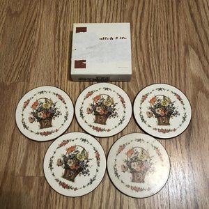 English Life Coasters Set of 5 Cork Back Flower Baskets VTG Made In England
